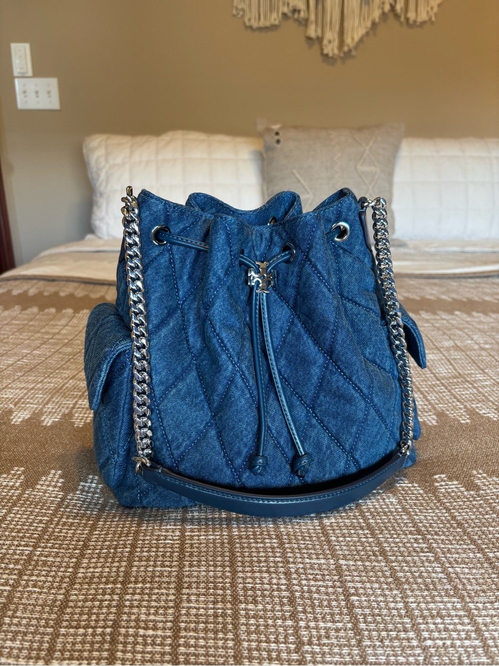Tory Burch Charlie Quilted Denim Drawstring Bag - Picture 2 of 6